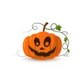 Halloween pumpkin icon 3D. Autumn symbol. Cartoon horror design. Halloween scary pumpkin face, smile, leaf. Orange