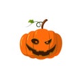 Halloween pumpkin icon 3D. Autumn symbol. Cartoon horror design. Halloween scary pumpkin face, smile, leaf. Orange