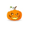 Halloween pumpkin icon 3D. Autumn symbol. Flat design. Halloween scary pumpkin face, smile, candle light, leaf. Orange