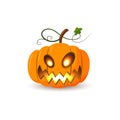 Halloween pumpkin icon 3D. Autumn symbol. Flat design. Halloween scary pumpkin face, smile, candle light, leaf. Orange