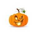 Halloween pumpkin icon 3D. Autumn symbol. Flat design. Halloween scary pumpkin face, smile, candle light, leaf. Orange