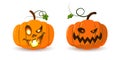 Halloween pumpkin icon set. Autumn symbol. 3D design. Halloween scary pumpkin face, smile, candle light, leaf. Orange Royalty Free Stock Photo