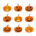 Halloween pumpkin icon set. Autumn symbol. 3D design. Halloween scary pumpkin face, smile, candle light, branch. Orange Royalty Free Stock Photo