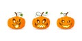 Halloween pumpkin icon set. Autumn symbol. 3D design. Halloween scary pumpkin face, smile, candle light, leaf. Orange