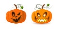 Halloween pumpkin icon set. Autumn symbol. 3D design. Halloween scary pumpkin face, smile, candle light, leaf. Orange