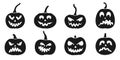 Halloween pumpkin icon set with cute faces. Scary, funny, happy and smile pumpkin face collection. Royalty Free Stock Photo