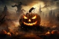 Halloween pumpkin Jack-o-lantern at the cemetery in the night. Ai Generative illustration