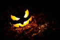 Halloween pumpkin Jack o` Lantern glowing at night