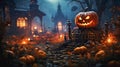 Halloween pumpkin, Jack O Lantern, outdoor decoration for Halloween celebration in haunted village