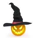 Halloween pumpkin, Jack O`Lantern, wearing witch hat isolated on white background Royalty Free Stock Photo