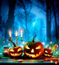 Halloween Pumpkin With Lantern And Candelabrum On Table