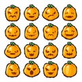 Halloween pumpkin lantern scary faces smile emoji icons set isolated blot background decoration cartoon design vector Royalty Free Stock Photo