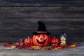 Halloween pumpkin lantern. Trick or treat on a wooden table Royalty Free Stock Photo