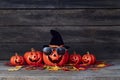 Halloween pumpkin lantern. Trick or treat on a wooden table Royalty Free Stock Photo