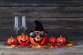 Halloween pumpkin lantern. Trick or treat on a wooden table Royalty Free Stock Photo