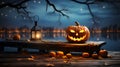 Halloween pumpkin lantern on wooden table