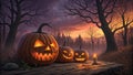 Halloween Pumpkin Lanterns Spooky Forest Sunset Royalty Free Stock Photo