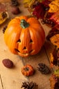 Halloween pumpkin with leaves and pine cones and elements of decor on an old wooden table. View from above. vertical frame. autumn