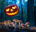 Halloween pumpkin levitates over a dark forest with fly agaric and bats Royalty Free Stock Photo