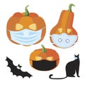 Halloween pumpkin in medical mask, cat, bat isolated on white background for design, flat vector stock illustration as a set or