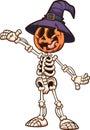 Halloween pumpkin monster with skeleton body and witch hat