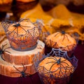 Halloween Pumpkin Muffins Decorated with Spiders and Spider Web Royalty Free Stock Photo