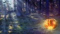 Halloween Pumpkin In Mystic Forest At Night. Halloween background Royalty Free Stock Photo