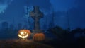 Halloween pumpkin near cross tombstone at night