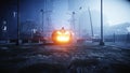 Halloween pumpkin in night destroyed city. Apocalypse concept. 3d rendering.