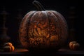 Enchanted Autumn Evening: A Radiant Jack-o\'-Lantern Aglow in the Heart of Halloween Magic Royalty Free Stock Photo