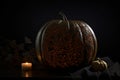 Enchanted Autumn Evening: A Radiant Jack-o\'-Lantern Aglow in the Heart of Halloween Magic Royalty Free Stock Photo