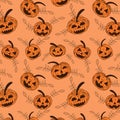 Happy Halloween pumpkins seamless pattern with leaves on light orange background