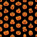 Halloween pumpkin pattern. Party celebration creepy decoration of pumpkins with Jack faces. Vector print