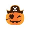 Halloween pumpkin with pirate hat and patch flat style icon