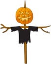 Halloween. Pumpkin on a pole. Scarecrow kitchen garden. Cartoon image. White background. Vector.