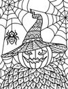 Halloween pumpkin scarecrow with mandala hat and spider web for printing, engraving or coloring book