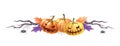 Halloween pumpkin scary face decor. Watercolor illustration. Halloween decoration with pumpkins, spider web, leaves, dry