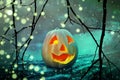 Halloween pumpkin scary jack lantern head in a mystic foggy forest at spooky night