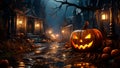 Halloween Pumpkin scary postcard with dim light, full moon night. Generative AI Royalty Free Stock Photo