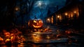 Halloween Pumpkin scary postcard with dim light, full moon night. Generative AI Royalty Free Stock Photo