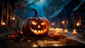 Halloween Pumpkin scary postcard with dim light, full moon night. Generative AI Royalty Free Stock Photo