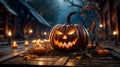 Halloween Pumpkin scary postcard with dim light, full moon night. Generative AI Royalty Free Stock Photo