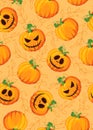 Halloween pumpkin seamless pattern on orange background with vine leaves. Cute halloween pumpkin pattern background. Royalty Free Stock Photo