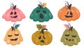 Halloween pumpkin. Set of creepy Hand drawn spooky characters with different emotions. Scary monsters with various facial Royalty Free Stock Photo