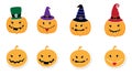 Halloween Pumpkin Set, flat vector elements and stickers