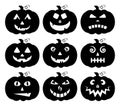 Halloween pumpkin silhouette collection isolated on white. Scary face expression vector set. Funny jack o lantern smile. Cartoon Royalty Free Stock Photo