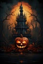 A Halloween Pumpkin Sitting In Front Of A Castle