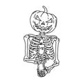 Halloween pumpkin in skeleton body holding big candle vector illustration sketch doodle hand drawn with black lines isolated on Royalty Free Stock Photo