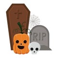 Halloween pumpkin and skull cartoon in front of grave vector design