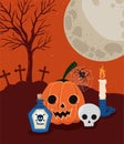 Halloween pumpkin and skull cartoons in front of cemetery vector design Royalty Free Stock Photo